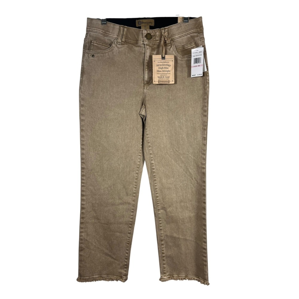 NWT Democracy Sz 10 Jeans Tan "Ab" Solution Brown Straight Leg High Rise Raw Hem